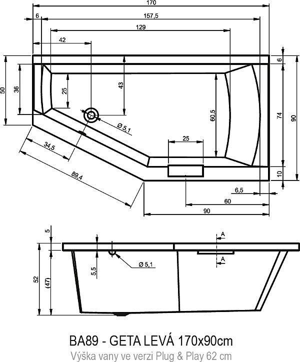 Ванна акриловая RIHO GETA L PLUG & PLAY 170x90 BD4900500000000