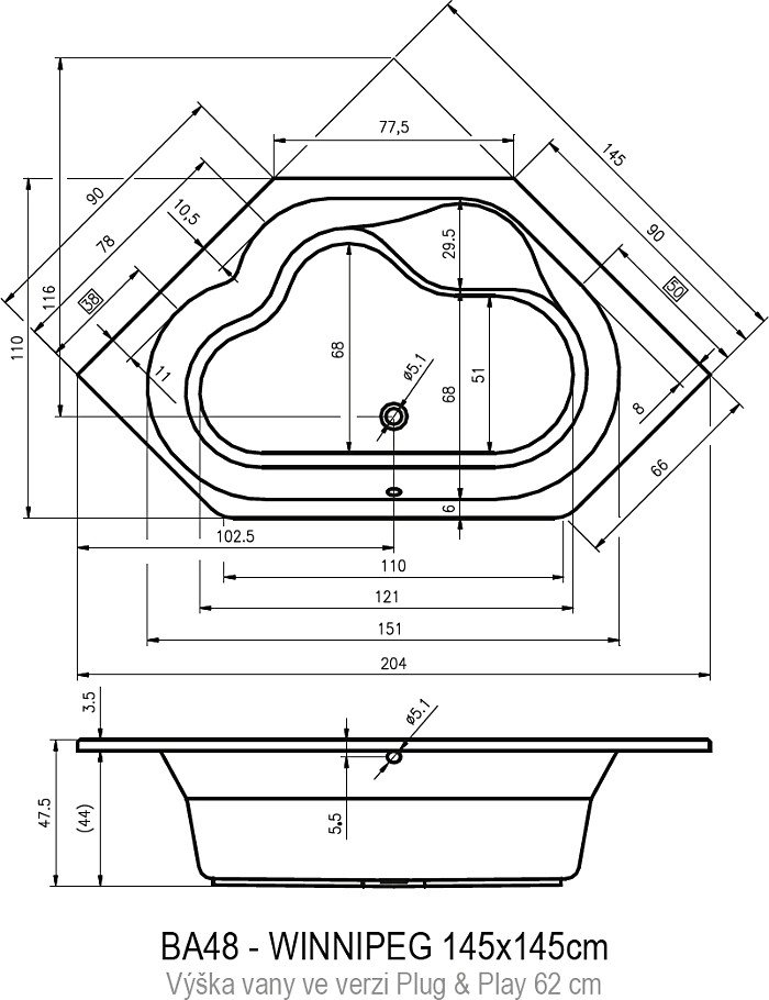 Ванна акриловая RIHO WINNIPEG - PLUG & PLAY 145x145 BD7300500000000