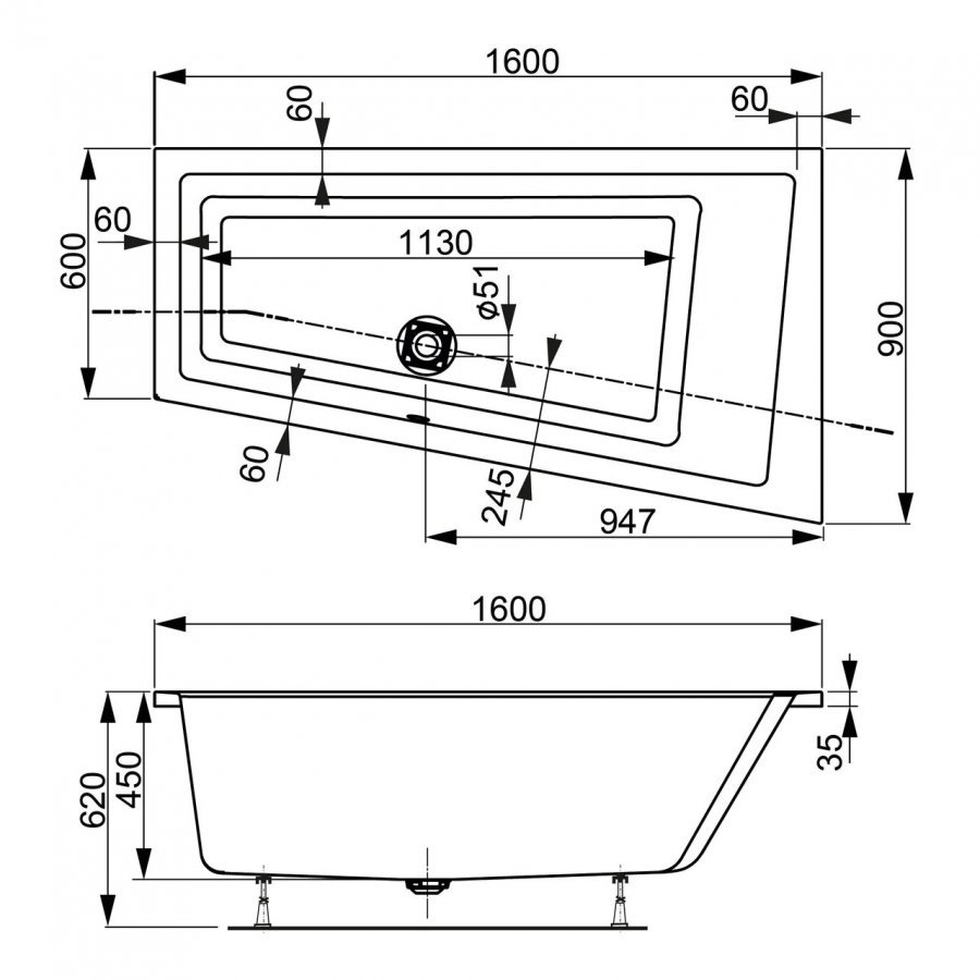 Акриловая ванна VAGNERPLAST CAVALLO OFFSET 160x90 Right
