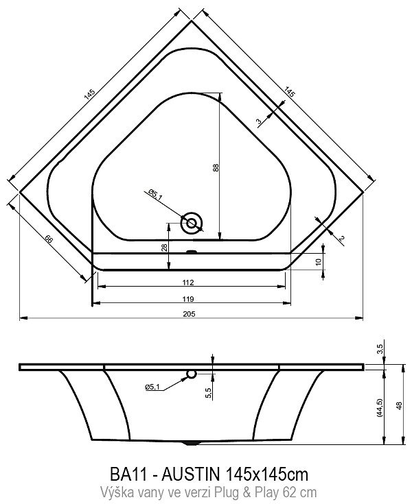 Ванна акриловая RIHO AUSTIN - PLUG & PLAY 145x145 BD7600500000000