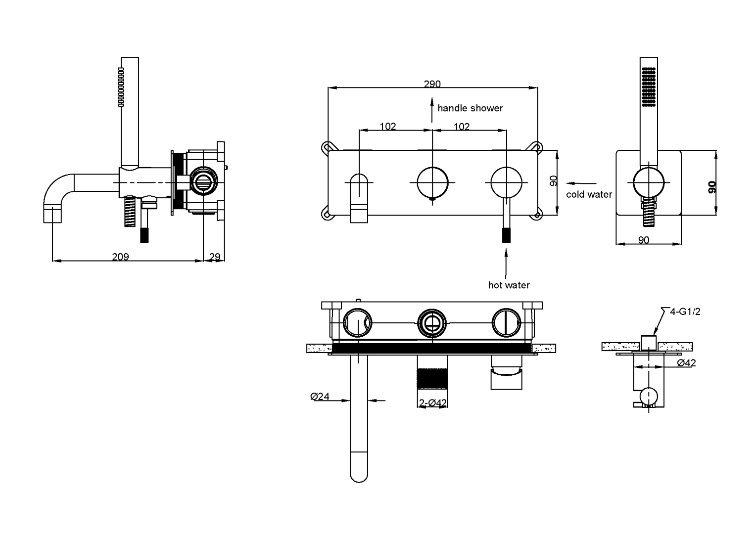 Смеситель встраеваемый с ручным душем и изливом  Boheme UNO 464-3-G золото