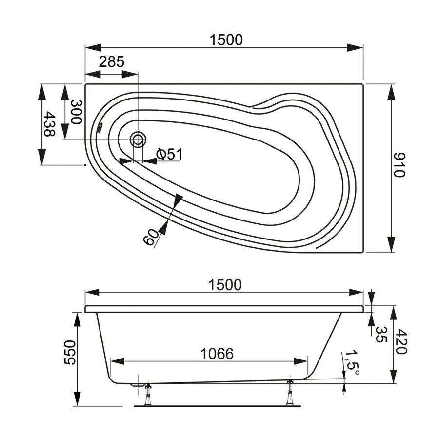 Акриловая ванна VAGNERPLAST AVONA 150x90 Right