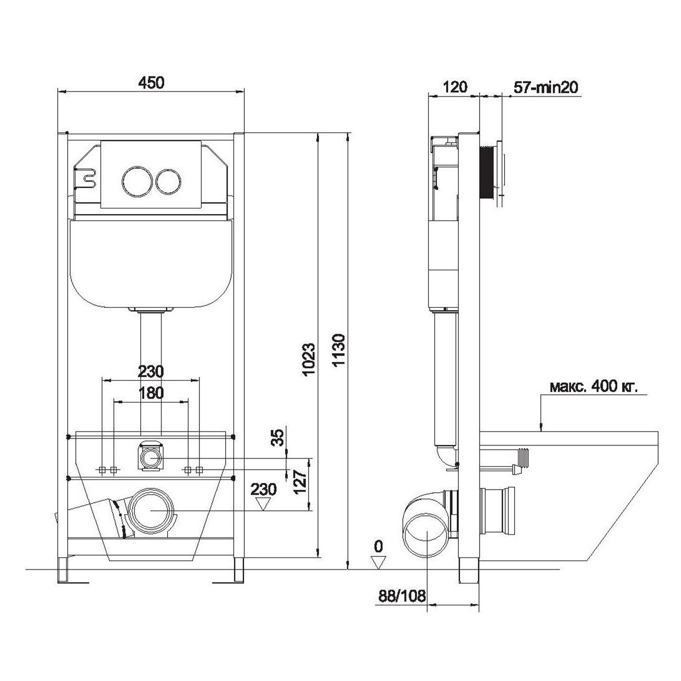 Инсталляция для подвесного унитаза Aquanika Basic 10.702.450.02.05w с крепежом шумоизоляцией и белой кнопкой