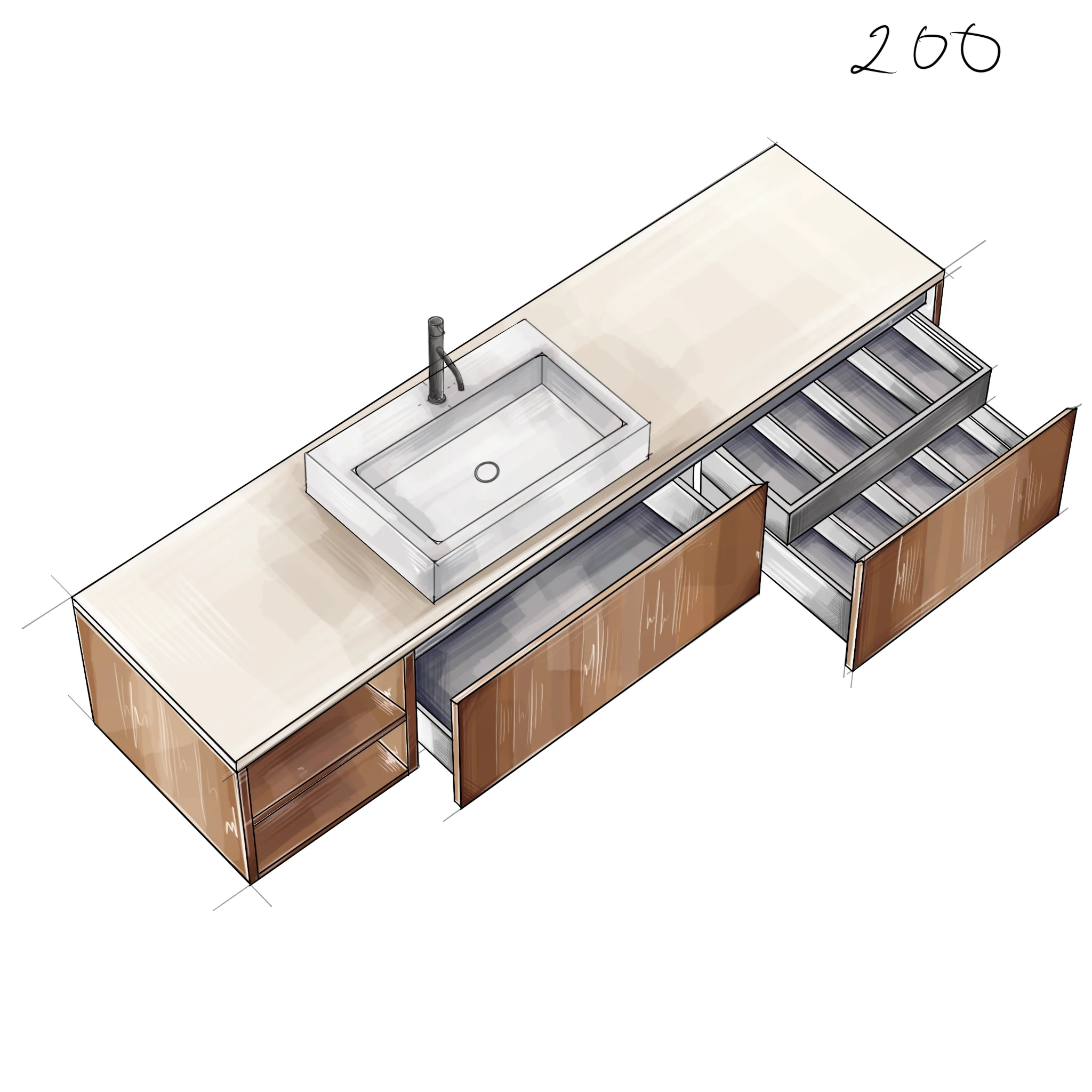 Подвесная тумба со столешницей Salini Domino 200x70 шпон 27D220