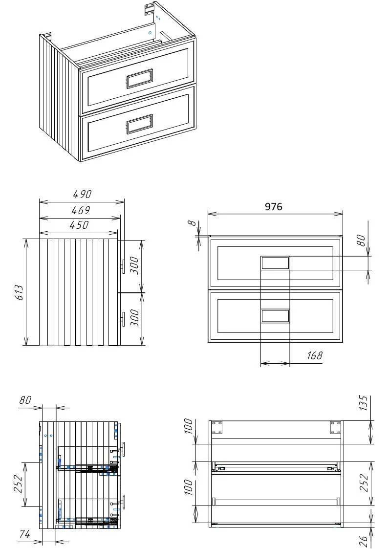 Тумба под раковину La Fenice Cubo Blu Grigio TWIN синяя 100 FNC-01-CUB-BG-100-2