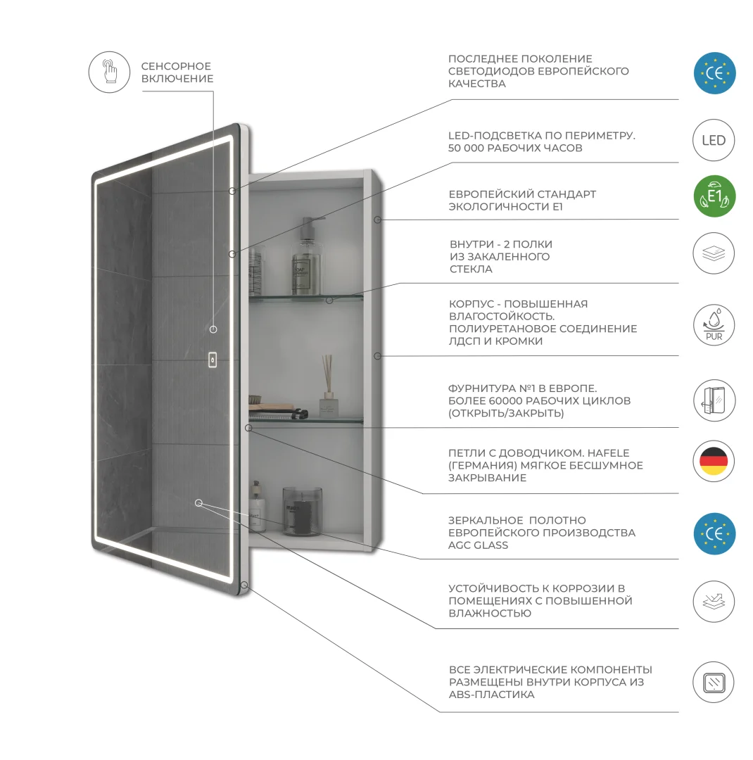 Зеркальный шкаф VIGO Geometry 600 с LED подсветкой zsh.GEO.60.El